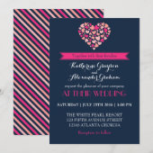 Navy Blue en Pink Love Heart Wedding Invitation Kaart (Voorkant / Achterkant)