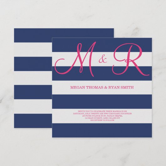 Navy Blue en Pink Monogram Weddenschap Kaart (Voorkant / Achterkant)