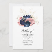 Navy Blue en Pink  Rozen Weddenfoto Kaart (Voorkant)