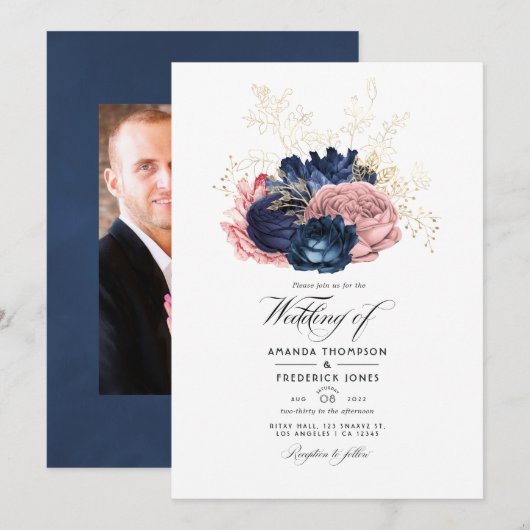 Navy Blue en Pink  Rozen Weddenfoto Kaart (Voorkant / Achterkant)