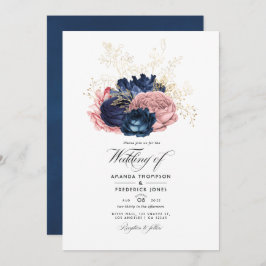Navy Blue en Pink  Rozen Weddenfoto Kaart