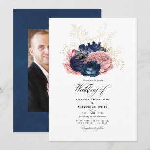 Navy Blue en Pink  Rozen Weddenfoto Kaart