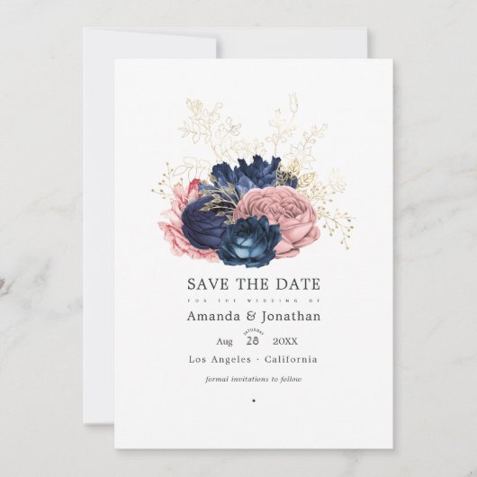 Navy Blue en Pink  Rozen Weddenfoto Save The Date (Voorkant)