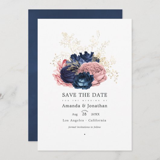 Navy Blue en Pink  Rozen Weddenfoto Save The Date (Voorkant / Achterkant)