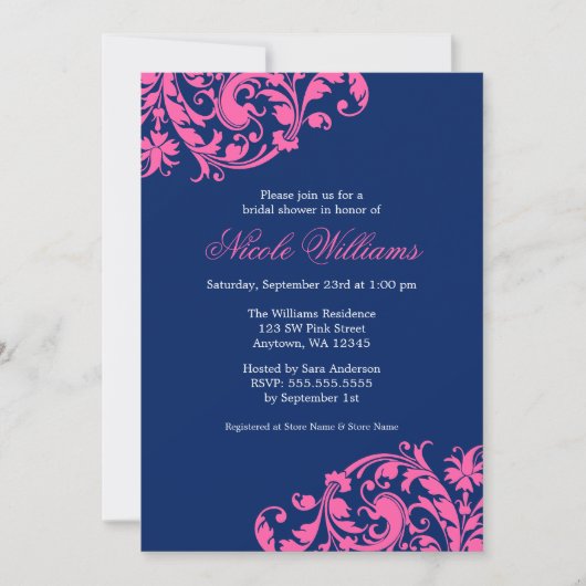 Navy Blue en Pink Swirl Flourish Vrijgezellenfeest Kaart (Voorkant)
