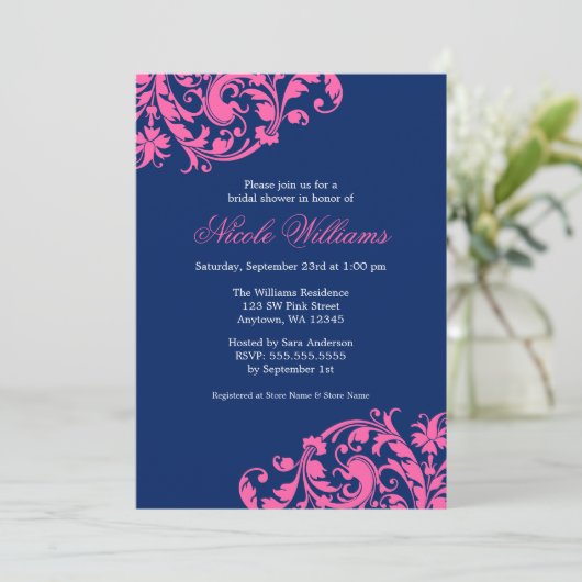 Navy Blue en Pink Swirl Flourish Vrijgezellenfeest Kaart (Staand voorkant)