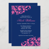 Navy Blue en Pink Swirl Flourish Vrijgezellenfeest Kaart (Voorkant / Achterkant)