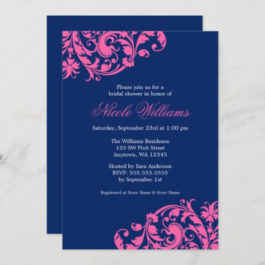 Navy Blue en Pink Swirl Flourish Vrijgezellenfeest Kaart (Voorkant / Achterkant)