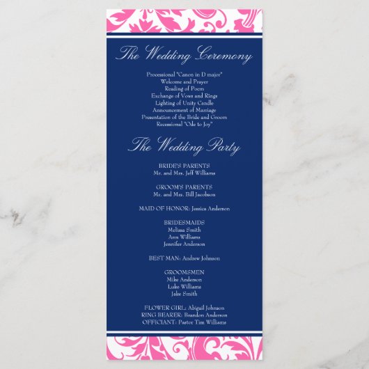 Navy Blue en Pink Swirls Damask Wedding Program Programmakaart (Achterkant)