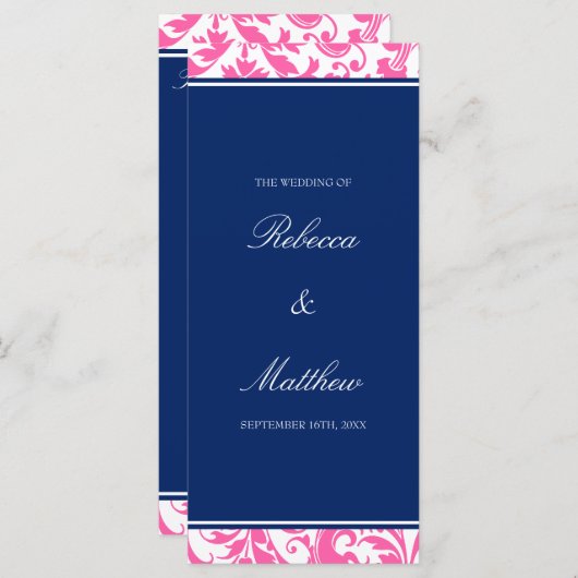 Navy Blue en Pink Swirls Damask Wedding Program Programmakaart (Voorkant / Achterkant)
