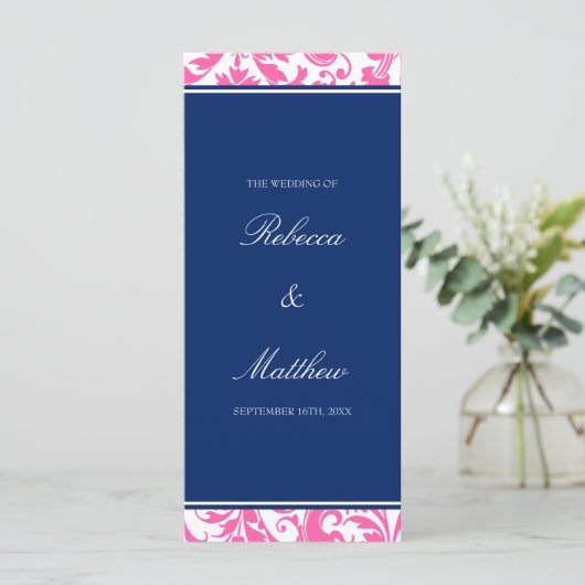 Navy Blue en Pink Swirls Damask Wedding Program Programmakaart (Staand voorkant)
