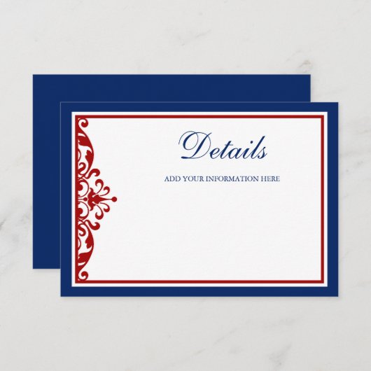 Navy Blue en Red Flourish Informatiekaartje (Voorkant / Achterkant)