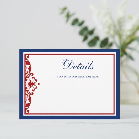 Navy Blue en Red Flourish Informatiekaartje (Staand voorkant)