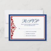 Navy Blue en Red Flourish RSVP Kaartje (Voorkant)
