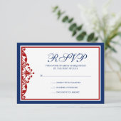 Navy Blue en Red Flourish RSVP Kaartje (Staand voorkant)