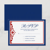 Navy Blue en Red Flourish RSVP Kaartje (Voorkant / Achterkant)