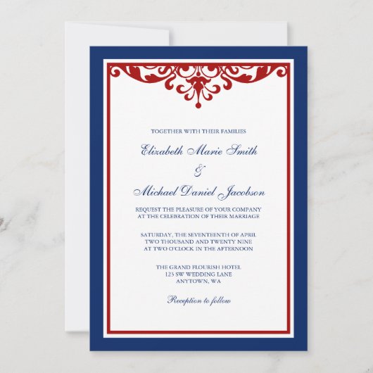 Navy Blue en Red Flourish Wedding Kaart (Voorkant)