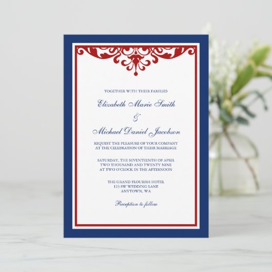 Navy Blue en Red Flourish Wedding Kaart (Staand voorkant)