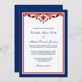 Navy Blue en Red Flourish Wedding Kaart (Voorkant / Achterkant)