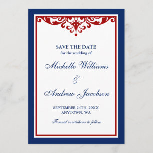 Navy Blue en Red Flourish Wedding Save the Date
