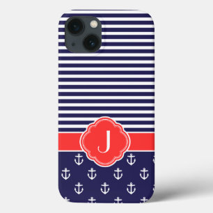 Navy Blue en Red Preppy Nautical Monogram iPhone 13 Hoesje
