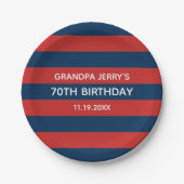 Navy Blue en Red Rugby Stripes Birthday Party Papieren Bordje (Voorkant)