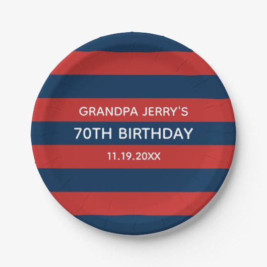 Navy Blue en Red Rugby Stripes Birthday Party Papieren Bordje (Voorkant)