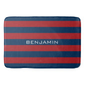 Navy Blue en Red Rugby Stripes met aangepaste naam Badmat (Voorkant)