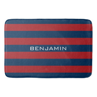 Navy Blue en Red Rugby Stripes met aangepaste naam Badmat