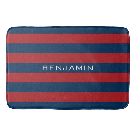 Navy Blue en Red Rugby Stripes met aangepaste naam Badmat (Voorkant)