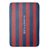 Navy Blue en Red Rugby Stripes met aangepaste naam Badmat (Voorkant Verticaal)