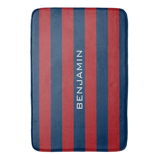 Navy Blue en Red Rugby Stripes met aangepaste naam Badmat (Voorkant Verticaal)