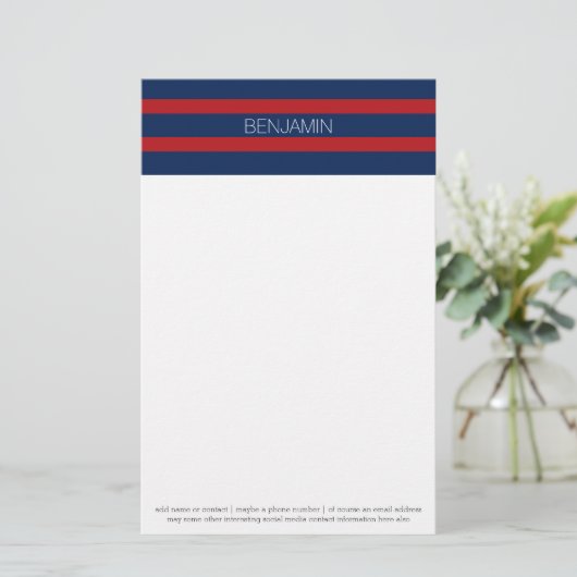 Navy Blue en Red Rugby Stripes met aangepaste naam Briefpapier (Staand voorkant)