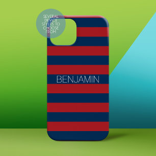 Navy Blue en Red Rugby Stripes met aangepaste naam Case-Mate iPhone 14 Hoesje