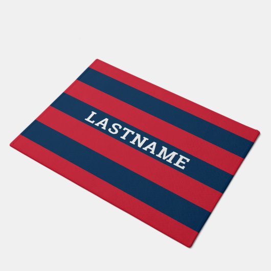 Navy Blue en Red Rugby Stripes met aangepaste naam Deurmat (Schuin)
