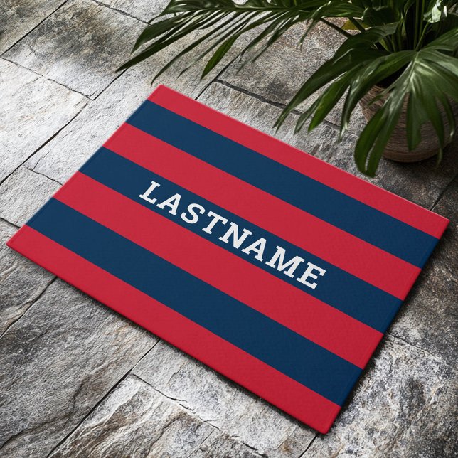 Navy Blue en Red Rugby Stripes met aangepaste naam Deurmat (Custom Welcome Mat)