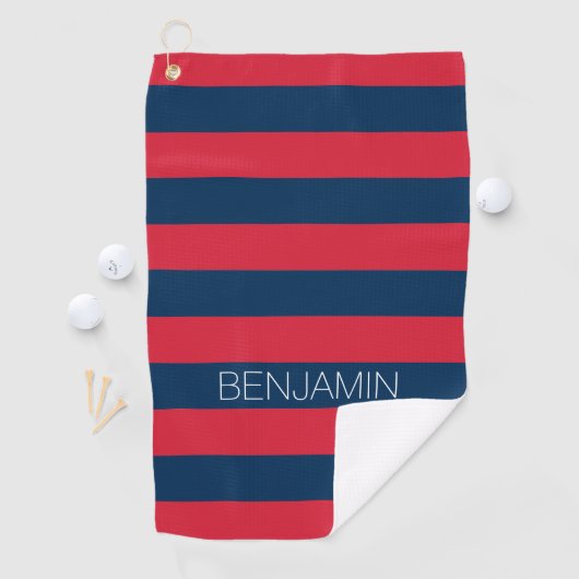 Navy Blue en Red Rugby Stripes met aangepaste naam Golfhanddoek (Insitu)