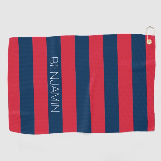 Navy Blue en Red Rugby Stripes met aangepaste naam Golfhanddoek (Horizontaal)