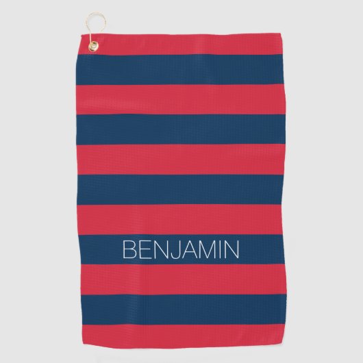 Navy Blue en Red Rugby Stripes met aangepaste naam Golfhanddoek (Voorkant)