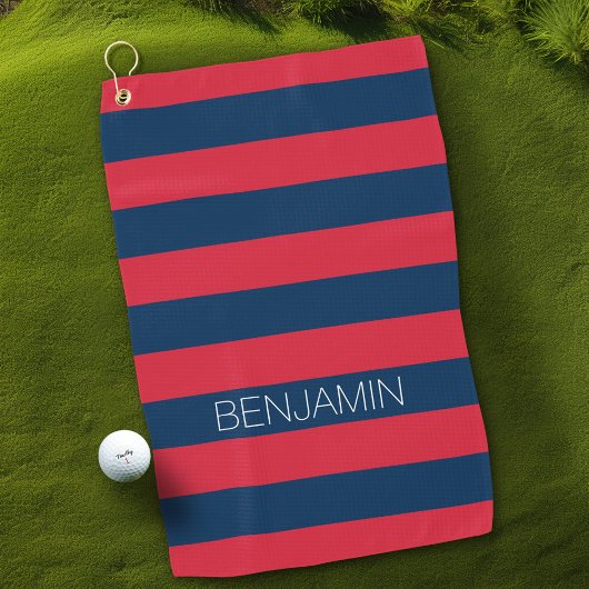 Navy Blue en Red Rugby Stripes met aangepaste naam Golfhanddoek