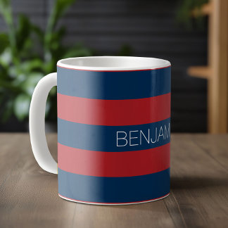 Navy Blue en Red Rugby Stripes met aangepaste naam Koffiemok