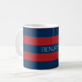 Navy Blue en Red Rugby Stripes met aangepaste naam Koffiemok (Voorkant links)