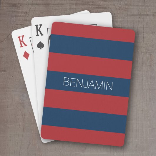 Navy Blue en Red Rugby Stripes met aangepaste naam Pokerkaarten