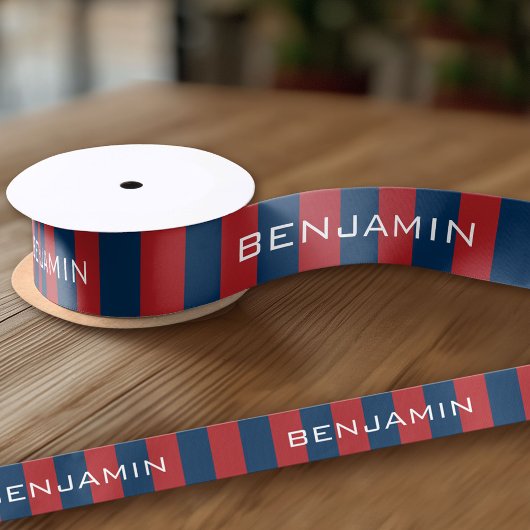 Navy Blue en Red Rugby Stripes met aangepaste naam Satijnen Lint
