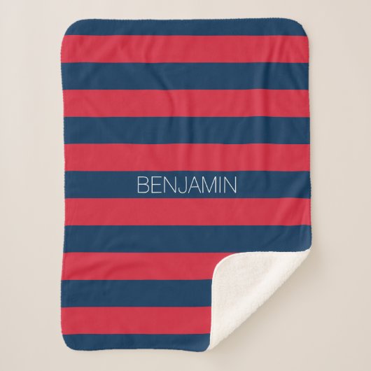 Navy Blue en Red Rugby Stripes met aangepaste naam Sherpa Deken (Voorkant)