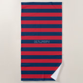 Navy Blue en Red Rugby Stripes met aangepaste naam Strandlaken (Voorkant)