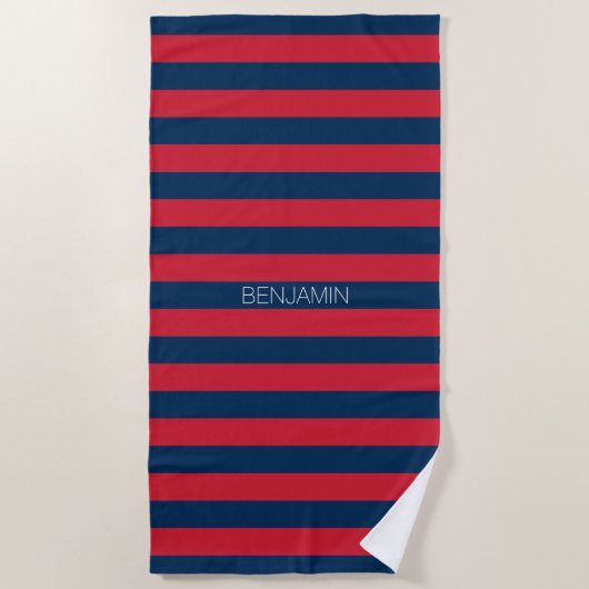 Navy Blue en Red Rugby Stripes met aangepaste naam Strandlaken (Voorkant)