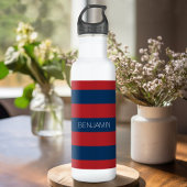 Navy Blue en Red Rugby Stripes met aangepaste naam Waterfles