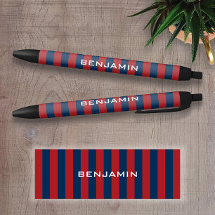 Navy Blue en Red Rugby Stripes met aangepaste naam Zwarte Inkt Pen