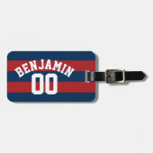 Navy Blue en Red Rugby Stripes Name Number Bagagelabel (Voorkant horizontaal)